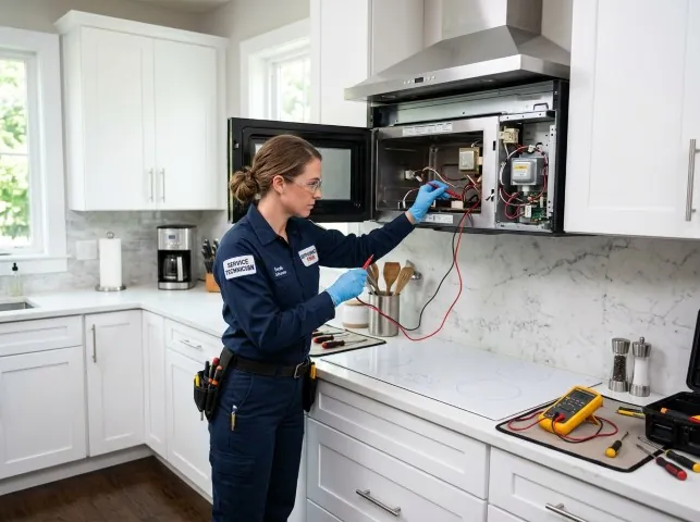 Appliance Repair Hero technician testing an over-the-range microwave in a Apple Springs, TX kitchen